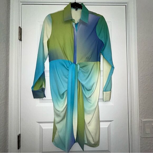 Nicole Miller 1/2 Button Front Long Sleeve Tie Dye Ombre Print Dress - Picture 1 of 7